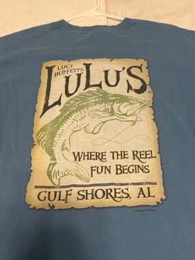 Lucy Buffett's Lulu's T-Shirt Gulf Shores Blue Fishing Reel Fun Size XL